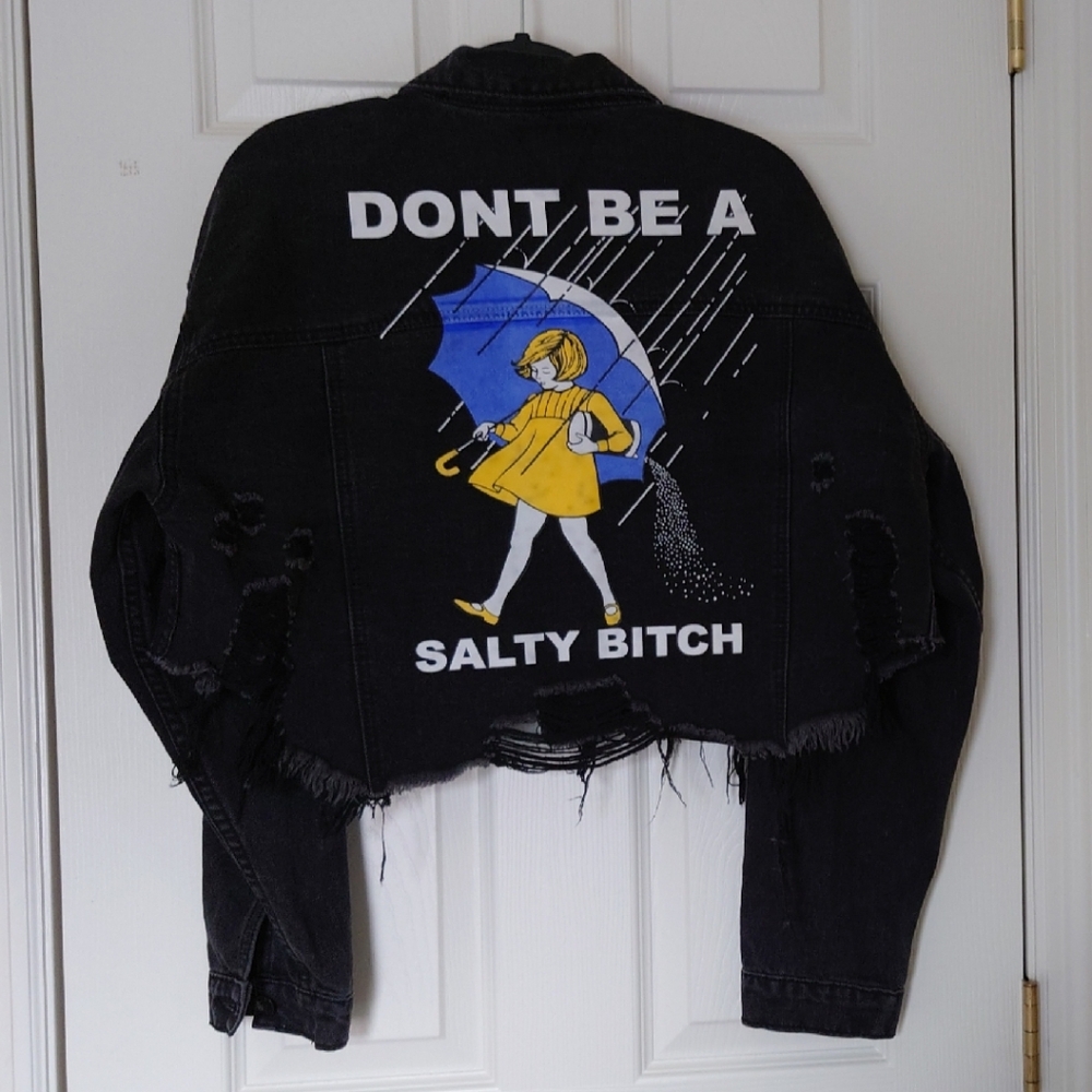 Black Graphic Distressed Jean Jacket - Don't Be A Salty B